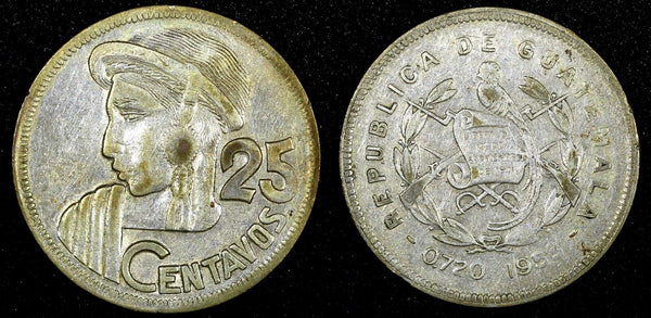 Guatemala Silver 1958 25 Centavos Mintage-394 361 27mm Toned KM# 258 (24 644)