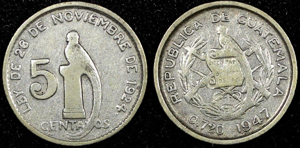 Guatemala Silver 1947 5 Centavos Guatemala City Mint KM# 238.1  (24 444)