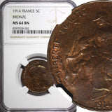 France Bronze 1914 5 Centimes NGC MS64 BN KM# 842 (002)