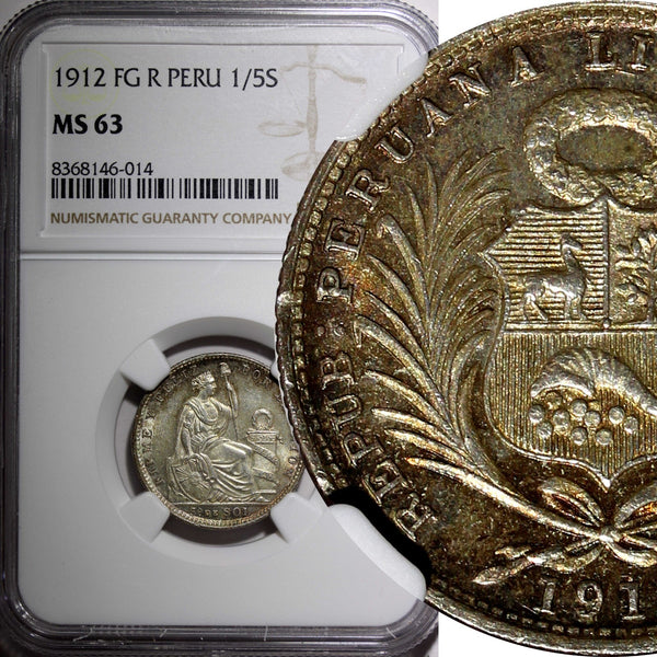 PERU Silver 1912 FG R 1/5 Sol NGC MS63 Mintage-300,000 Nice Toned KM# 205.2 (4)