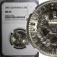 Guatemala Copper-Nickel 1991 25 Centavos NGC MS64 KM# 278.5 (004)