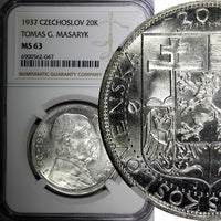 Czechoslovakia Silver 1937 20 Korun Death of President Masaryk NGC MS63 KM#18(7)