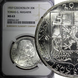 Czechoslovakia Silver 1937 20 Korun Death of President Masaryk NGC MS63 KM#18(7)