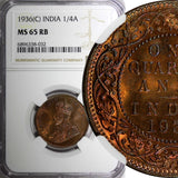 India-British George V Bronze 1936 (C) 1/4 Anna NGC MS65 RB LAST DATE KM#512 (2)