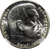 GERMANY-Third Reich Silver 1939 A 2 Reichs Mark NGC MS63 Hindenburg KM# 93 (20)