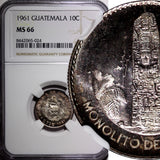 GUATEMALA Silver 1961 10 Centavos  NGC MS66 Nice Toned GEM BU KM# 262 (024)