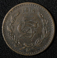 MEXICO Bronze Bronze 1914 Mo 5 Centavos 1st Year Type SCARCE DATE KM# 422 (417)