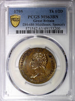 GREAT BRITAIN Middlesex Spence's Copper 1795 1/2 Penny Token PCGS MS63 BN DH-686