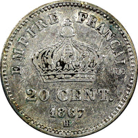 FRANCE Napoleon III Silver 1867 BB 20 Centimes KM# 808.2 (25 052)