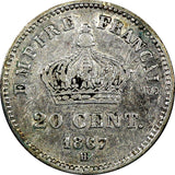 FRANCE Napoleon III Silver 1867 BB 20 Centimes KM# 808.2 (25 052)