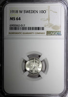 Sweden Gustaf V (1908-1950) Silver 1918 W 10 Ore NGC MS64 GEM BU KM# 780 (017)