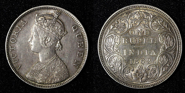 India-British Victoria Silver 1862 Rupee XF Condition .Toned   KM# 473 (27 568)