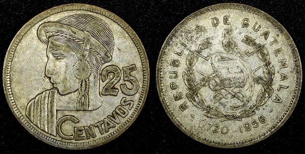 Guatemala Silver 1958 25 Centavos Mintage-394 361 27mm Toned KM# 258 (24 647)
