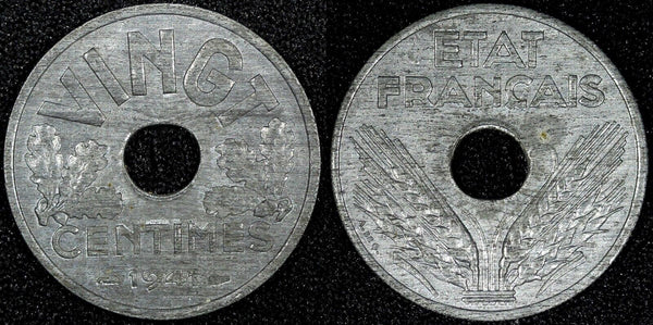 FRANCE  Vichy French State Zinc 1941 20 Centimes WWII Issue 24mm KM# 899 (930)