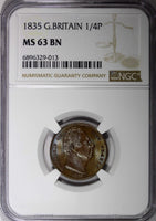 GREAT BRITAIN William IV Copper 1835 Farthing NGC MS63 BN NICE TONED KM# 705 (3)