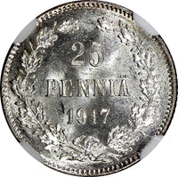 Finland Nicholas II 1917 S 25 Pennia NGC MS65 Grand Duchy KM# 6.2 (022)