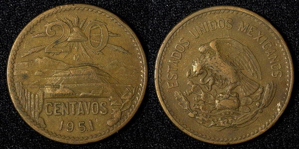 Mexico ESTADOS UNIDOS MEXICANOS Bronze 1951 Mo 20 Centavos SCARCE DATE KM#439(4)