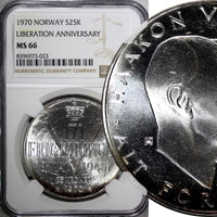 Norway Olav V Silver 1970 25 Kroner NGC MS66 Anniversary of Liberation KM#414(3)
