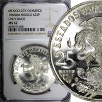 MEXICO Silver 1968 Mo  25 Pesos NGC MS67 Olympic Games Even Rings KM# 479.1 (8)