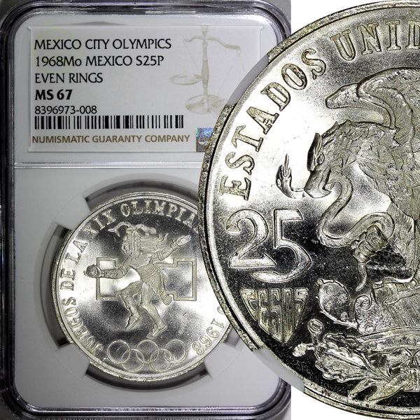 MEXICO Silver 1968 Mo  25 Pesos NGC MS67 Olympic Games Even Rings KM# 479.1 (8)
