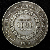 BRAZIL Pedro II Silver 1858 1000 Reis Mintage-430.000 Rio de Janeiro KM# 465 (9)