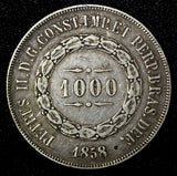 BRAZIL Pedro II Silver 1858 1000 Reis Mintage-430.000 Rio de Janeiro KM# 465 (9)