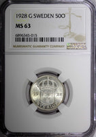 SWEDEN Gustaf V Silver 1928 G 50 Ore NGC MS63 BU KM# 788 (015)