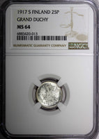 Finland Nicholas II 1917 S 25 Pennia NGC MS64 Grand Duchy KM# 6.2 (13)