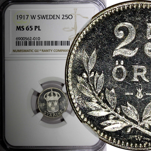 Sweden Gustaf V Silver PROOF 1917 W 25 Öre NGC MS65 PL TOP GRADED KM# 785 (10)