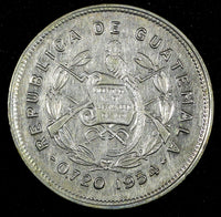 GUATEMALA Silver 1954 25 Centavos Mintage-246.286 HIGH GRADE KM#258 (26 977)