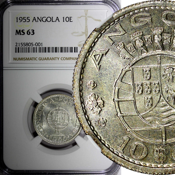 ANGOLA Portuguese Colony Silver 1955 10 Escudos NGC MS63 KM# 73 (001)