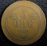 SWEDEN Oscar II Bronze 1905 5 Öre 27mm Mintage-545,080 KM# 757 (23 170)