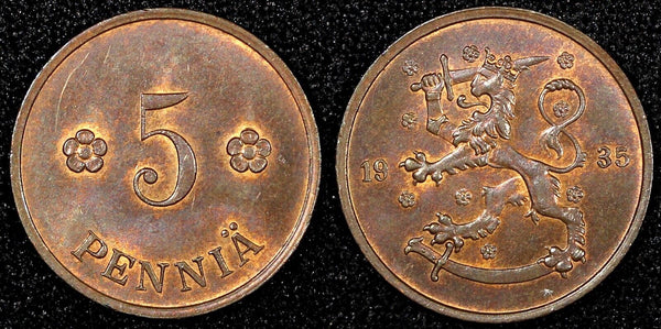 FINLAND Copper 1935 5 Penniä UNC KM# 22 (24 004)
