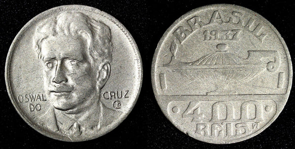 Brazil Oswaldo Cruz Copper-Nickel 1937 400 Reis KM# 539 (27 774)