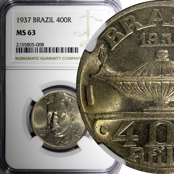 BRAZIL Oswaldo Cruz Copper-Nickel 1937 400 Reis NGC MS63 KM# 539 (008)