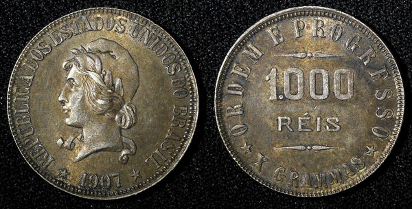BRAZIL Silver 1907  1000 Reis Toned  KM# 507 (27 465)