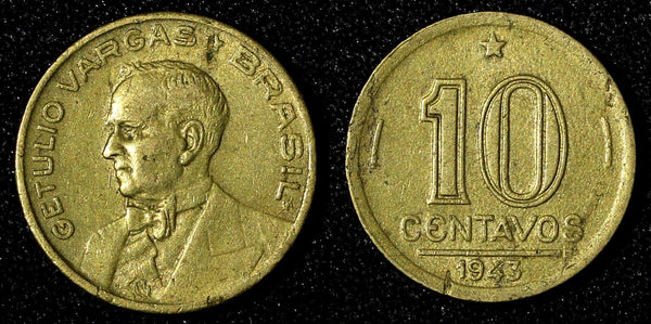 BRAZIL Aluminum-Bronze 1943 10 Centavos WWII Issue KM# 555a.1 (27 656)