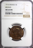 France Bronze 1914 5 Centimes NGC MS64 BN KM# 842 (002)