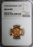 Rhodesia Bronze 1970 1/2 Cent NGC MS64 RD FULL RED KM# 9 (004)