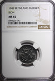 FINLAND Iron 1949 H 1 Markka NGC MS66 BU TOP GRADED BY NGC KM# 30b (043)