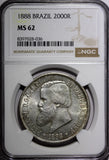 BRAZIL Pedro II Silver 1888 2000 Reis 37 mm NGC MS62 Light Toned KM# 485 (36)