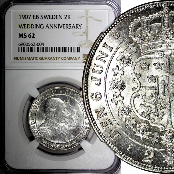 SWEDEN Silver 1907 EB 2 Kronor NGC MS62 Golden Wedding Anniversary KM# 776 (004)