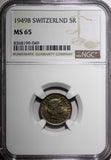 SWITZERLAND Copper-Nickel 1949 B 5 Rappen NGC MS65 HELVETICA KM# 26 (49)