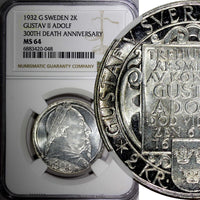 SWEDEN Silver 1932 G 2 Kronor NGC MS64 Death of Gustaf II Adolf BU KM# 805 (048)