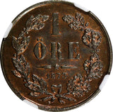 SWEDEN Oscar II (1872-1907) Bronze 1873 L.A. 1 Ore NGC MS63 BN KM# 728 (017)