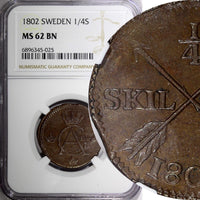 SWEDEN Gustav IV Adolf 1802 1/4 Skilling NGC MS62 BN  KM# 564 (025)