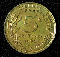 FRANCE Aluminum-Bronze 1966 5 Centimes 1st Year Type RAINBOW UNC KM# 933 (90)