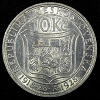 Czechoslovakia Silver 1928 10 Korun 10th Anniver of Independence UNC KM# 12 (52)