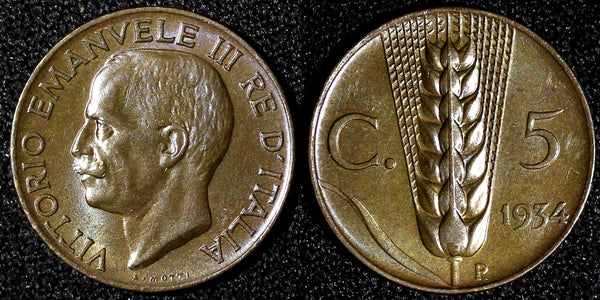 ITALY Vittorio Emanuele III  Bronze 1934 R 5 Centesimi ch.UNC KM# 59 (28 249)