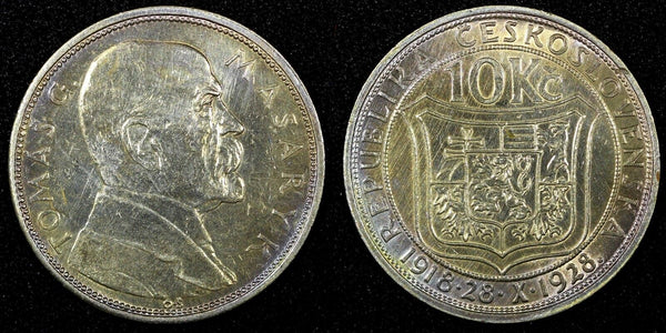 Czechoslovakia Silver 1928 10 Korun 10th Anniver of Independence aUNC KM# 12 (1)